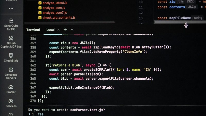 Coding on a dark theme computer screen